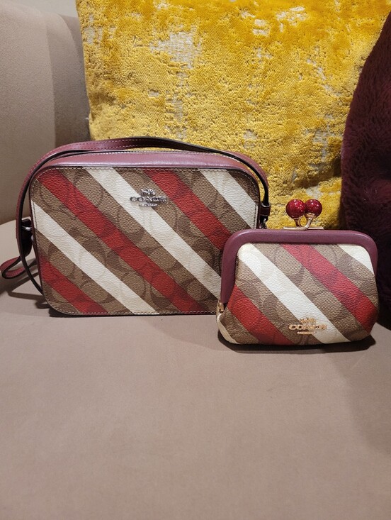 Coach Handbags - Coach Diagonal Stripe Crossbody and Coin Purse Set in Red/Brown